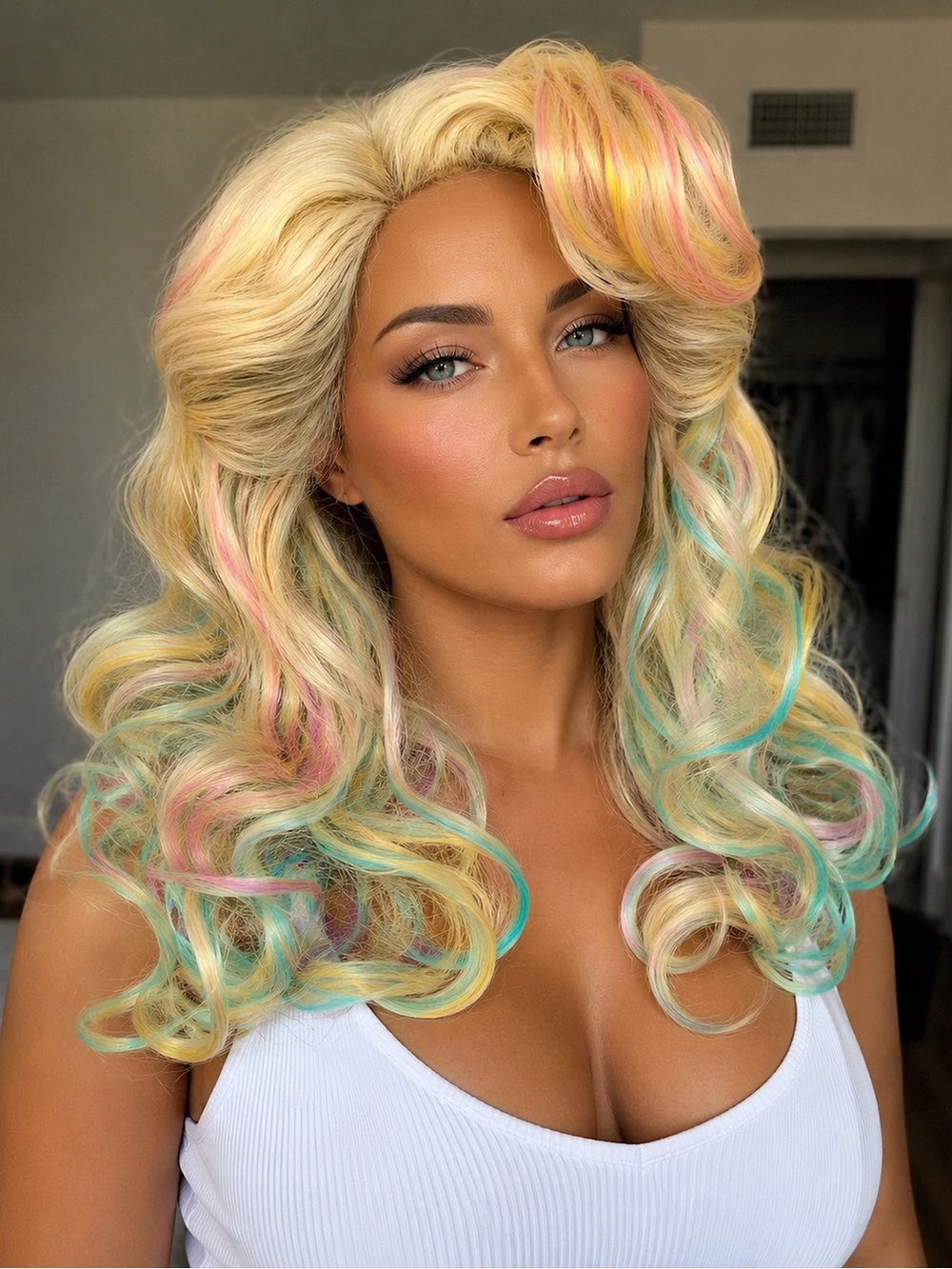 Victory Rolls Curled Lace Front Synthetic
Blonde Multicolor Wig Pinup Rockabilly